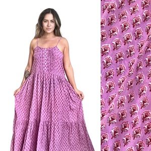 Ankoa Boho Print Maxi Dress Pink Medium Indian Floral Pattern Cotton